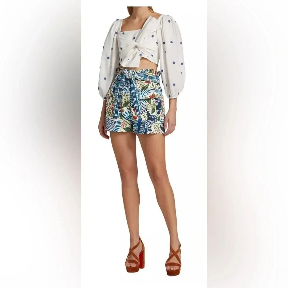 Farm Rio Embroidered Floral Crop Top White Navy Puff Twist Front - Picture 2 of 7